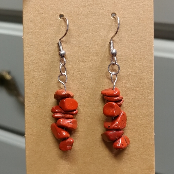 Red Jasper Earrings Natural Gemstone Chip Beaded Surgical Stainless-Steel Dangle - Picture 1 of 12